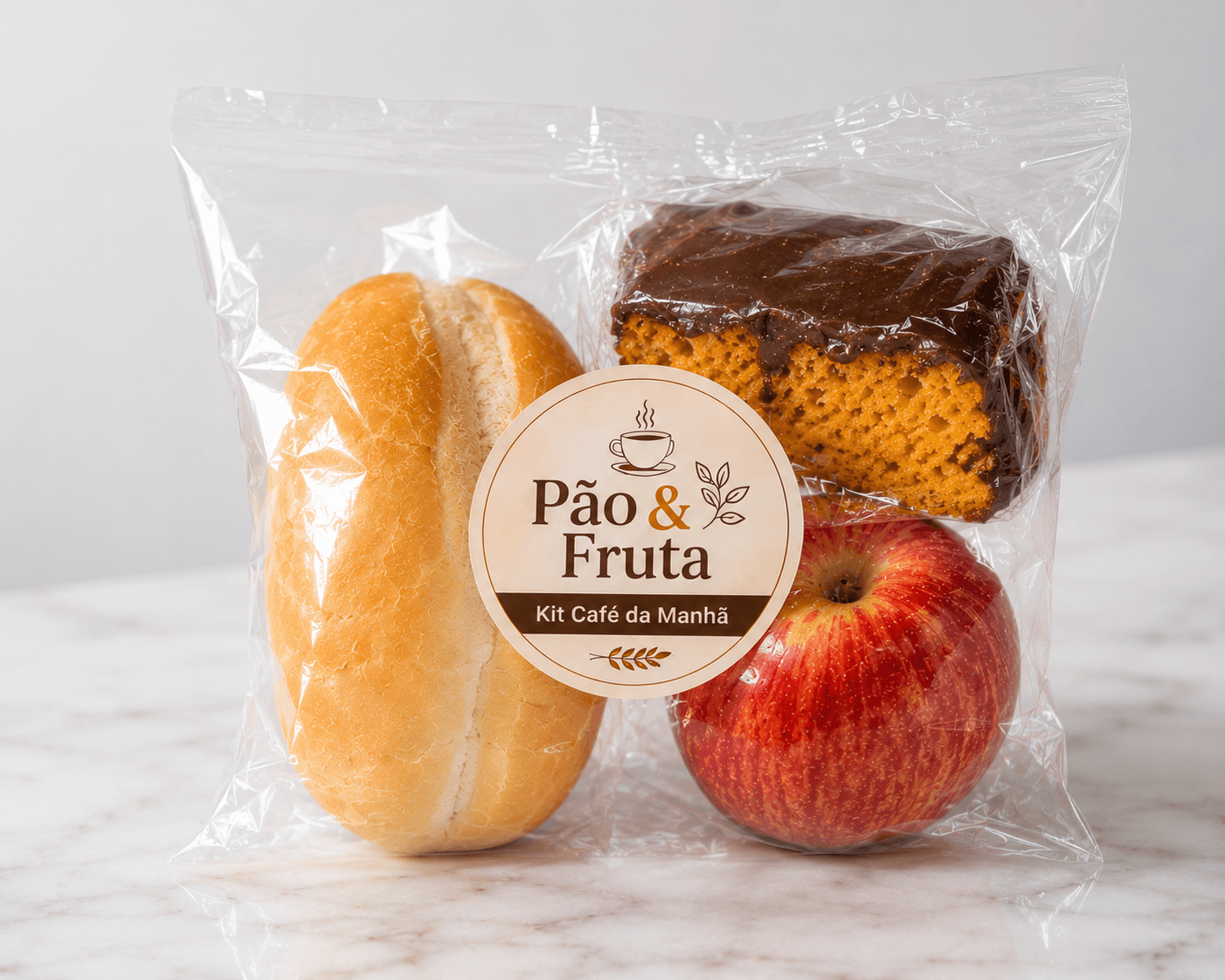 Kit café da manhã Pão & Fruta — pão, bolo e fruta em embalagem individual